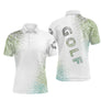 Polo de golf personnalisé homme blanc et vert aquarelle pointilliste avec lettrage GOLF vert sapin
