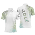 Polo de golf personnalisé homme blanc et vert aquarelle pointilliste avec lettrage GOLF vert sapin
