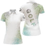 Polo de golf femme blanc et vert aquarelle pointilliste avec lettrage GOLF coupe ajustée féminine