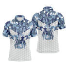 Polo de golf personnalisé homme camouflage bleu ciel avec crâne stylisé et texture balle de golf