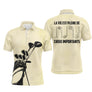 Polo de golf personnalisé homme beige crème vintage avec sac de clubs et lettrage La Vie Est Pleine De Choix