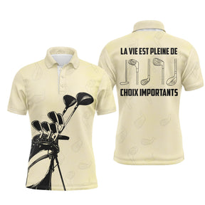 Polo de golf personnalisé homme beige crème vintage avec sac de clubs et lettrage La Vie Est Pleine De Choix