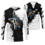 Tee-shirt pêche carpe noir et blanc splatter avec carpe couleur naturelle et prénom intégré au visuel