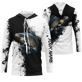 Tee-shirt pêche carpe noir et blanc splatter avec carpe couleur naturelle et prénom intégré au visuel