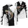 Tee-shirt pêche truite noir et blanc splatter avec truite arc-en-ciel couleur naturelle et prénom intégré