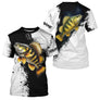 T-shirt col rond pêche perche noir blanc design photogénique pour réseaux sociaux
