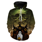 Sweat à capuche all-over Halloween fantôme et citrouille vert, ambiance brumeuse mystérieuse, vêtement chaud pour soirée