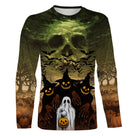 T-shirt Halloween fantôme citrouille vert kaki vue de face design mystérieux, coupe unisexe all-over