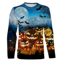 T-shirt Halloween multi-citrouilles vue de face design festif bleu nuit et orange, coupe unisexe all-over