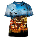 T-shirt Halloween all-over avec alignement de citrouilles jack-o-lantern aux visages variés sous lune blanche immense et