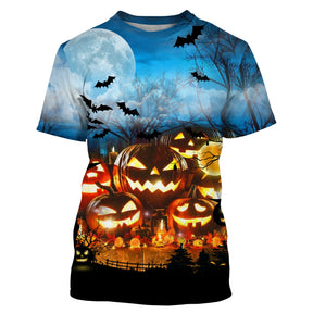 T-shirt Halloween all-over avec alignement de citrouilles jack-o-lantern aux visages variés sous lune blanche immense et