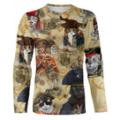T-shirt chat pirate mignon drôle, illustrations chats corsaires sur fond carte antique brun sable