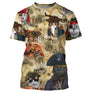 T-shirt chat pirate beige vintage avec capitaines félins déguisés et carte aux trésors en arrière-plan all-over