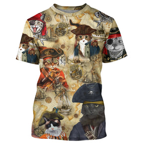 T-shirt chat pirate beige vintage avec capitaines félins déguisés et carte aux trésors en arrière-plan all-over