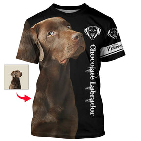 T-shirt chien Chocolate Labrador 3D noir avec portrait photoréaliste de Labrador chocolat, photo et prénom personnalisés