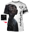 T-shirt chien Black Labrador noir 3D avec portrait photoréaliste de Labrador noir au pelage brillant, photo et prénom