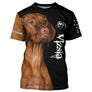 T-shirt chien Vizsla braque hongrois noir 3D avec portrait photoréaliste de Vizsla cuivré, photo et prénom personnalisés