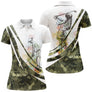 Polo de golf femme camouflage vert kaki et blanc avec golfeuse aquarelle multicolore coupe ajustée
