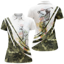 Polo de golf femme camouflage vert kaki et blanc avec golfeuse aquarelle multicolore coupe ajustée