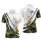 Polo de golf personnalisé homme camouflage vert kaki et blanc avec golfeur en aquarelle multicolore en swing