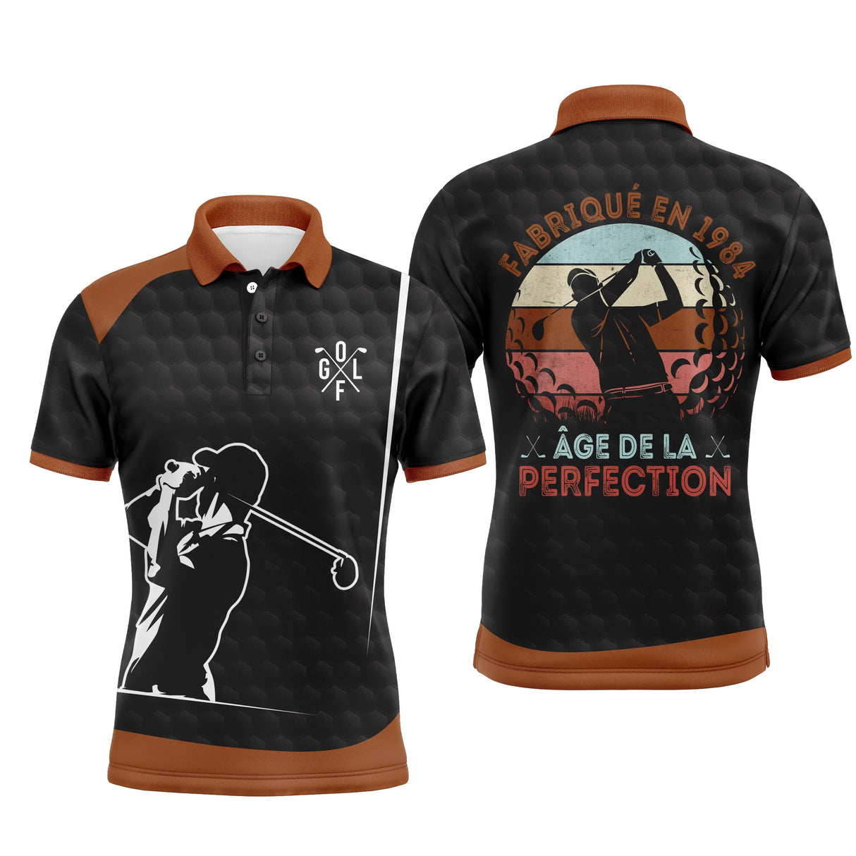 Polo de golf anniversaire homme noir et orange terracotta lettrage Fabriqué en 1984 Âge de la Perfection silhouette golfeur