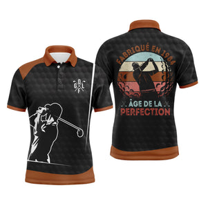 Polo de golf anniversaire homme noir et orange terracotta lettrage Fabriqué en 1984 Âge de la Perfection silhouette golfeur