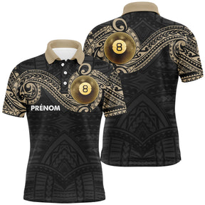 Polo billard noir et or pour homme avec motif tribal maori doré et boules numéros 8 et 9, prénom personnalisé