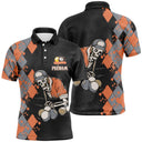 Polo billard noir et orange homme avec motif argyle losanges et squelette joueur de billard, prénom personnalisé