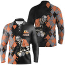 Polo billard manches longues unisexe noir orange avec argyle et squelette billardiste, prénom personnalisé