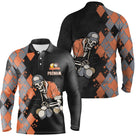 Polo billard manches longues unisexe noir orange avec argyle et squelette billardiste, prénom personnalisé