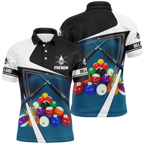 Polo billard bleu turquoise homme avec queues croisées, triangle de boules pour le jeu 14/1 pool, prénom personnalisé