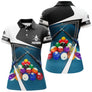 Polo billard bleu turquoise femme avec billes colorées et queues, jeu de la 14/1, prénom personnalisé