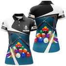 Polo billard bleu turquoise femme avec billes colorées et queues, jeu de la 14/1, prénom personnalisé