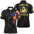 Polo billard noir homme avec slogan J'peux pas j'ai billard, éclairs blancs et boule 8 dorée, prénom personnalisé