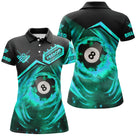 Polo billard manches longues unisexe noir turquoise avec boule en feu cyan, prénom personnalisé