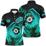 Polo billard noir et turquoise homme avec boule 8 en feu cyan et inscription BILLARD, prénom personnalisé