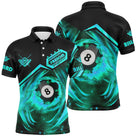 Polo billard noir et turquoise homme avec boule 8 en feu cyan et inscription BILLARD, prénom personnalisé