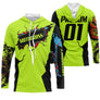Maillot motocross vert fluo bleu cyan avec éclats colorés et lettrage Motocross, prénom numéro 01 imprimés
