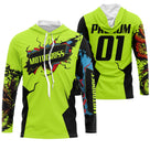 Maillot motocross vert fluo bleu cyan avec éclats colorés et lettrage Motocross, prénom numéro 01 imprimés