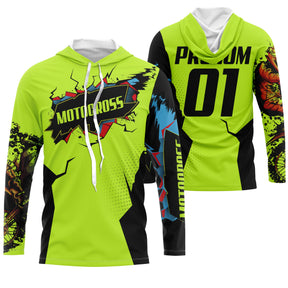 Maillot motocross vert fluo bleu cyan avec éclats colorés et lettrage Motocross, prénom numéro 01 imprimés