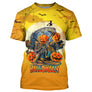 T-shirt Halloween 3D unisexe orange avec citrouilles, faucheuse, fantôme et chauves-souris