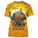 T-shirt Halloween 3D unisexe orange avec citrouilles, faucheuse, fantôme et chauves-souris
