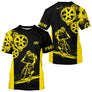 Maillot cyclisme jaune et noir all-over homme avec engrenages et cycliste en action, prénom personnalisé