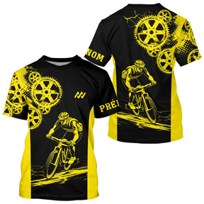Maillot cyclisme jaune et noir all-over homme avec engrenages et cycliste en action, prénom personnalisé