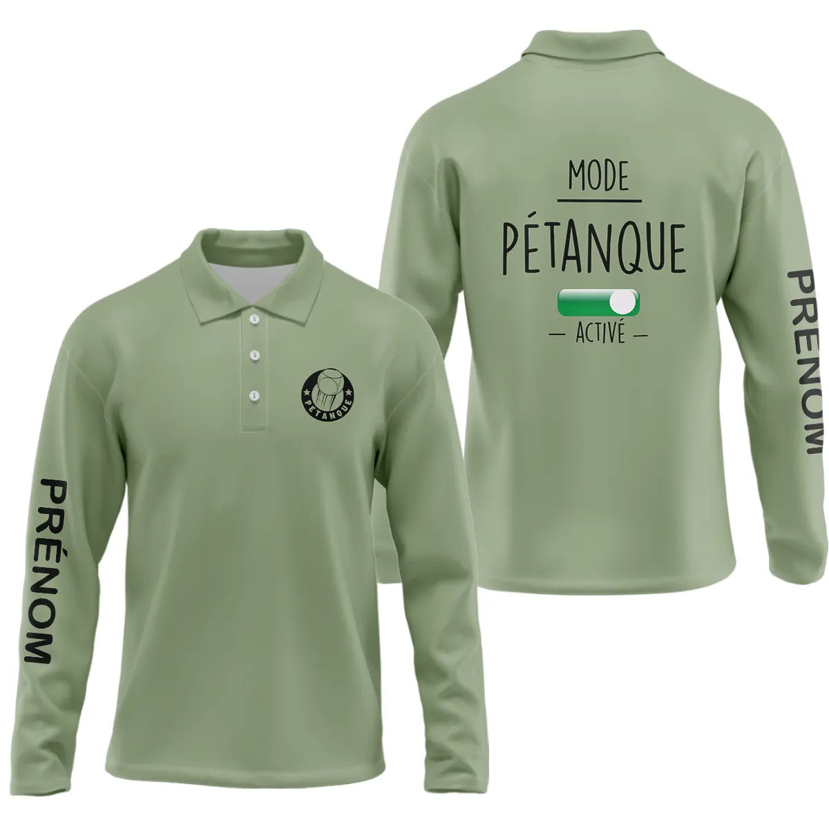 Polo pétanque homme manches longues vert pâle Mode Pétanque Activé interrupteur logo poitrine PRÉNOM