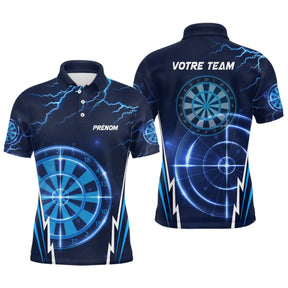 Polo fléchettes bleu marine homme avec éclairs et cibles Électrique Vision futuriste, prénom et équipe personnalisés