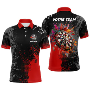 Polo fléchettes rouge et noir homme avec cibles et splash explosion VOTRE TEAM, prénom personnalisé