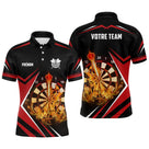 Polo fléchettes rouge et noir homme avec cibles enflammées et fléchettes Flammes Dart, prénom et équipe personnalisés