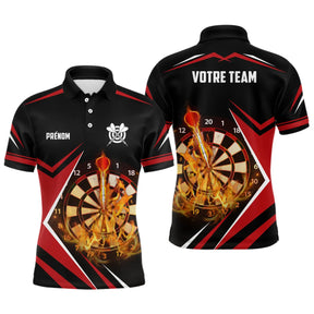 Polo fléchettes rouge et noir homme avec cibles enflammées et fléchettes Flammes Dart, prénom et équipe personnalisés