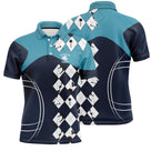 Polo pétanque homme bleu marine turquoise losanges blancs Performance manche prénom logo torse personnalisé